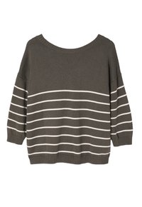 Dunkelgrauer Strickpullover mit weitem Ausschnitt und lockerer Passform. Mit horizontalen weißen Streifen, gerippten Bündchen und Saum. Sanfte Textur.