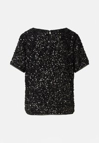 Czarna bluzka z krótkim rękawem pokryta cekinami, z okrągłym dekoltem i małym wycięciem z tyłu. Gładka faktura materiału z refleksyjnymi detalami.