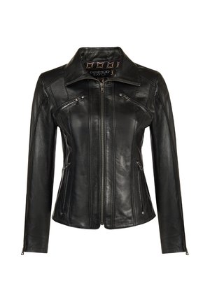Schwarze Lederjacke mit Frontreißverschluss, reißverschlossene Brust- und Seitentaschen und spitzem Kragen, taillierte Passform, Damenschnitt.