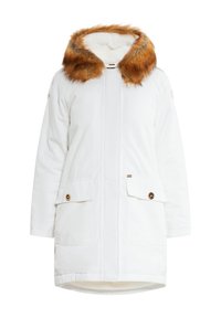 White parka coat with a fur-trimmed hood, two front pockets, and button accents. Soft texture with a relaxed fit and length extending to the hips.
