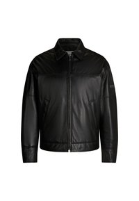 Giacca in pelle nera con chiusura a zip frontale, colletto a punta, due tasche laterali e una texture liscia. Presenta una cucitura dettagliata sulla spalla.