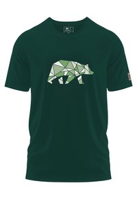 Camiseta de algodón verde con un diseño de oso geométrico en verde claro y blanco. Manga corta, cuello redondo y etiqueta en la manga.