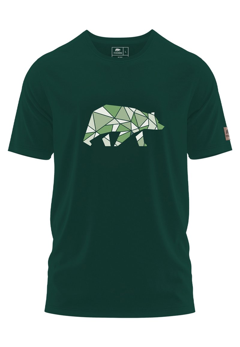 Camiseta de algodón verde con un diseño de oso geométrico en verde claro y blanco. Manga corta, cuello redondo y etiqueta en la manga.