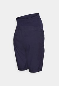 Bermudas azul marinho com uma cintura alta ajustada. Apresenta dois bolsos traseiros e bainhas dobradas para um acabamento limpo. Feitas de um tecido leve.