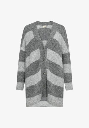 Pilkai dryžuotas švarkas, pagamintas iš minkšto trikotažo. Turi v-formos iškirpimą, ilgus rankovės, penkis mygtukus priekyje ir atvirą dizainą.