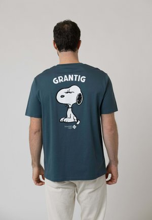 Man facing away wearing dark teal t-shirt with grumpy Snoopy graphic and word "GRANTIG" on the back, paired with light pants.