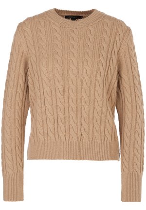 Beige gestrickter Pullover mit einem Zopfmuster, Rundhalsausschnitt und geripptem Saum. Lange Ärmel mit strukturierten Details. Weiches, warmes Material.
