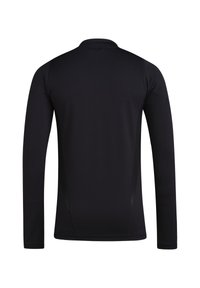 Schwarzes langärmeliges Sportshirt aus glattem, dehnbarem Stoff, mit hohem Kragen und seitlichen Einsätzen für eine taillierte Passform.