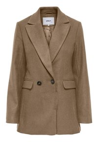Manteau croisé marron en mélange de laine avec col à revers, deux boutons noirs et poches à rabat sur les côtés avant.