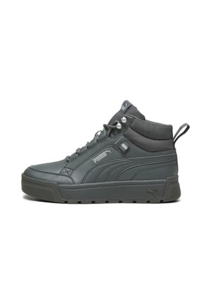 Høje sneakers i gråt læder med tekstureret overflade, polstret krave og gummisål. Har logo og syede detaljer på siderne.