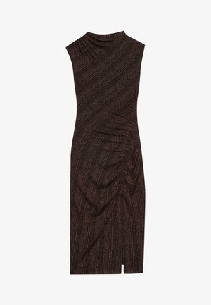 Tumepruun kudumkleit metallilise sädelusega, millel on kõrge kaelus, varrukateta disain ja diagonaalne rütšimine eesmisel paneelil.