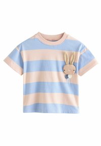 Kurzärmliges gestreiftes T-Shirt in Hellblau und Rosa, mit einer strukturierten Hasenapplikation mit gestreiften Ohren und floralem Akzent auf der Brust.