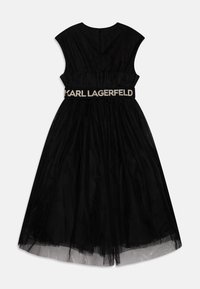 Black tulle dress featuring a fitted bodice, cap sleeves, and a gathered skirt. Detailed waistband with "KARL LAGERFELD" in metallic lettering.