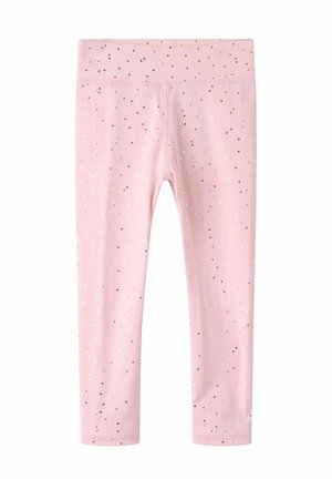 Leggings rose clair avec petits pois argentés et noirs dispersés, taille élastique et jambes longueur cheville, présentés à plat.