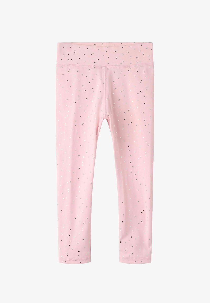 Leggings rose clair avec petits pois argentés et noirs dispersés, taille élastique et jambes longueur cheville, présentés à plat.