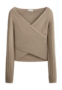 Bézs bordázott kötött hosszú ujjú pulóver átfedő V-nyakkal és aszimmetrikus szegéllyel.