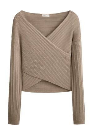 Bézs bordázott kötött hosszú ujjú pulóver átfedő V-nyakkal és aszimmetrikus szegéllyel.