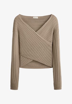 Beige geribbelde gebreide trui met lange mouwen, een overlappende V-hals en een asymmetrische zoom.