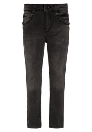 Zwarte slim-fit denim jeans met knoop- en ritssluiting aan de voorkant, voorzien van vijf zakken en subtiele vervaagde details.