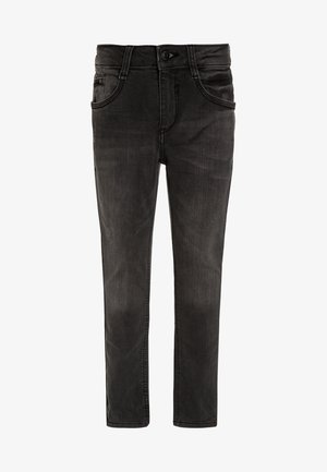 Sorte slim-fit denimjeans med knap- og lynlåslukning foran, med fem lommer og diskret falmet detaljering.