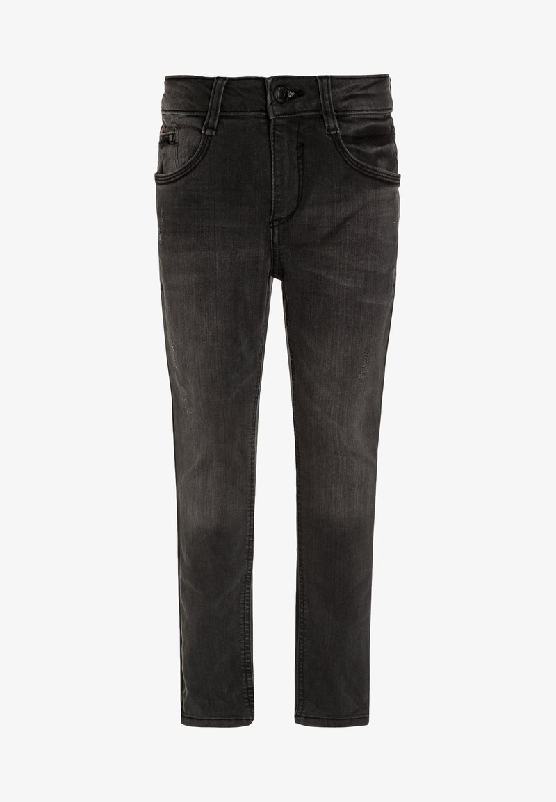Jean en denim noir slim-fit avec fermeture à bouton et fermeture éclair à l'avant, doté de cinq poches et d'un léger effet délavé.