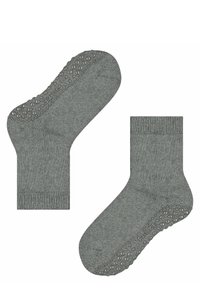 Graue Baumwollsocken mit gerippten Bündchen und strukturierten Gummigriffen an den Sohlen, die ein punktiertes Muster entlang der Kanten aufweisen.