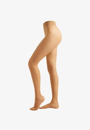 Beige, transparente Strumpfhosen mit glattem Textil und hohem Bund, die eine enge Passform und ein nahtloses Zehen-Design aufweisen.