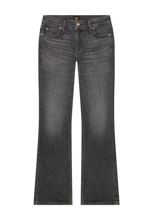 Σκούρο γκρι τζιν με μπατζάκια bootcut, μπροστινές τσέπες, κουμπί κλεισίματος, θηλιές για ζώνη και ελαφρώς ξεβαμμένες λεπτομέρειες.