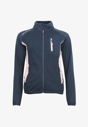 Veste marine avec un mélange de tissu texturé et lisse, présente un accent rose sur le côté, une poche zippée et un col montant.