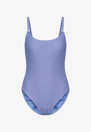 Un bañador de una pieza color lila, fabricado con un tejido suave, que cuenta con finas tiras ajustables y un escote redondeado clásico con aperturas de pierna discretas.