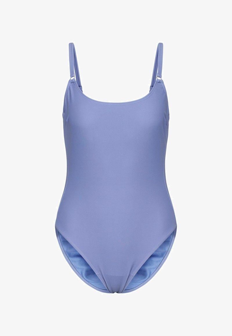 Un maillot de bain une pièce lilas en tissu lisse, doté de fines bretelles réglables et d'un col rond classique avec des ouvertures de jambe modestes.