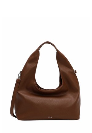 Brown textured leather handbag with a soft, slouchy shape, cutout handle, and detachable shoulder strap.