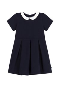 Ναυτικό μπλε φόρεμα κοντό μανίκι με λευκό κολάρο Peter Pan, με ανοιχτού μπλε διακοσμήσεις σε σχήμα καρδιάς. Σχέδιο με πλισέ φούστα, φτιαγμένο από μαλακό ύφασμα.