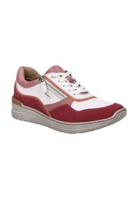 Red and white sneaker with a suede finish, featuring a side zipper, round laces, and a textured rubber sole. Accents in light pink and orange.