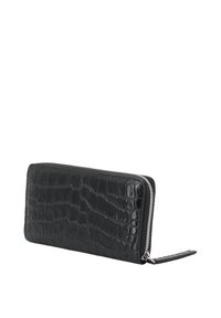 Black leather wallet featuring a crocodile texture, sleek rectangular shape, zip-around closure, and a wrist strap.