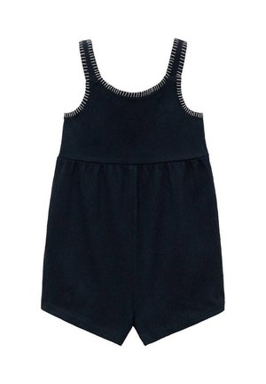 Marineblå jumpsuit med tynde stropper, en tætsiddende overdel og en svajet nederdel. Har hvid syning langs stropperne og taljen.