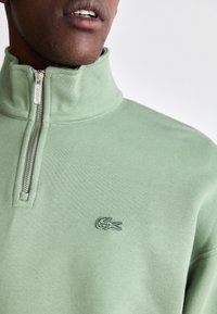 Man wearing light green quarter-zip pullover with raised collar and small embroidered crocodile logo on the chest.