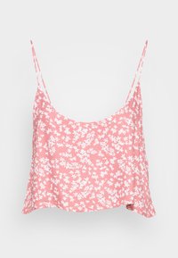 Camisola rosa claro com padrão floral branco, apresentando alças finas ajustáveis e um corte relaxado. Feita de um tecido suave e leve.