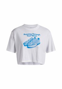 White cropped t-shirt with short sleeves, featuring a blue graphic of running shoes and text "Running Through Your Mind." in blue.