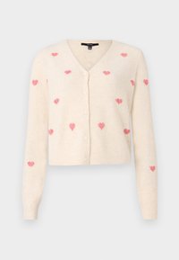 Gräddfärgad kofta med v-ringning, prydd med rosa hjärtan genomgående och tryckknappar. Mjuk textur med ribbade ärmslut och fåll.