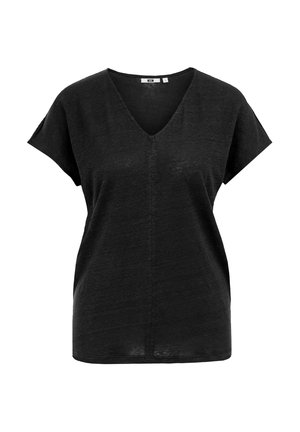 Top nero a maniche corte con scollo a V, realizzato in tessuto morbido e strutturato. Presenta un taglio dritto e un dettaglio con cucitura centrale.