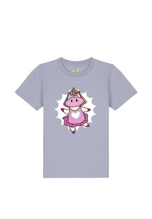 Hellviolettes Kinder-T-Shirt mit einem tanzenden Einhorn in einem rosa Kleid und einem Herz auf der Brust in der Mitte.