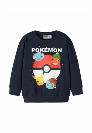 Sweat bleu marine avec logo Pokémon, mettant en scène Pikachu, Squirtle avec des cache-oreilles, Charmander et Bulbasaur portant des bonnets d'hiver autour d'une Poké Ball.
