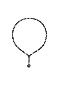 Sort kædedyse med ovale led, der har en central dråpependant. Materialet ser metallisk ud med en glat overflade.