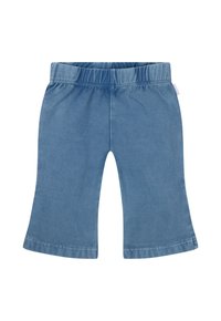 Pantalons culottes en denim bleu avec une taille élastique, des jambes évasées et une finition lisse. Présente une étiquette sur la couture latérale.