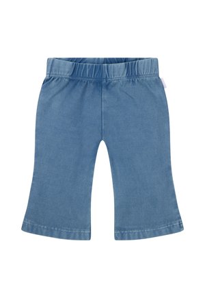 Blue denim culotte pants with an elastic waistband, flared legs, and a smooth textured finish. Features a tag on the side seam.