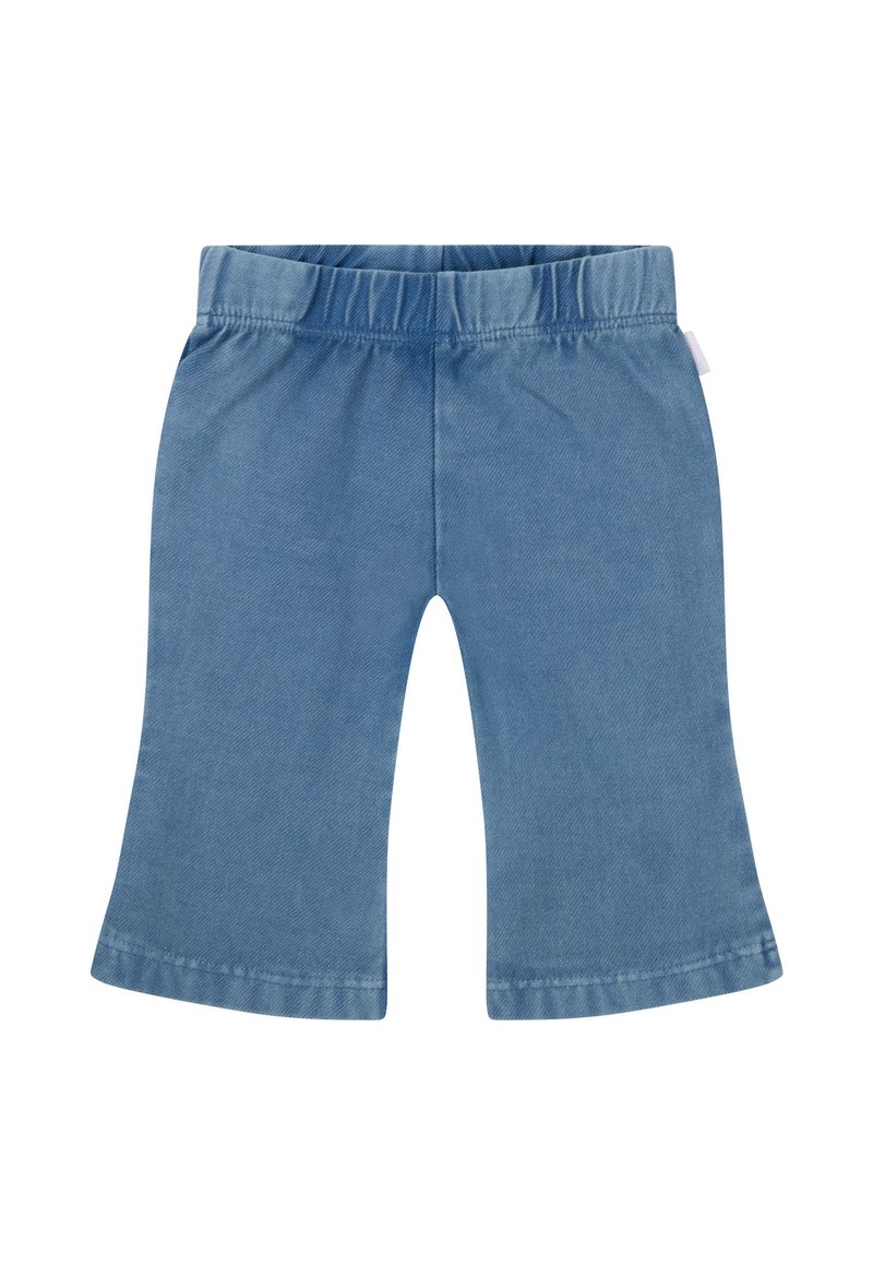 Pantalons culottes en denim bleu avec une taille élastique, des jambes évasées et une finition lisse. Présente une étiquette sur la couture latérale.