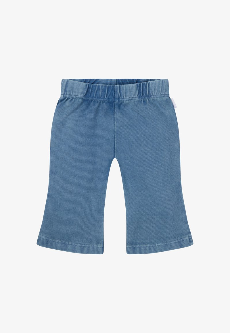 Blauwe denim culotte broek met een elastische tailleband, uitlopende pijpen en een gladde textuur. Kenmerkend is een label op de zijnaad.