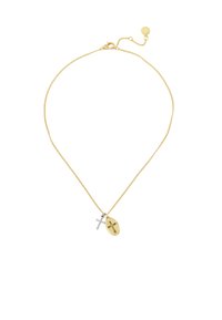 Collier en chaîne dorée avec un pendentif en croix argenté et un pendentif ovale doré au design de croix gravé, texture lisse et longueur ajustable.