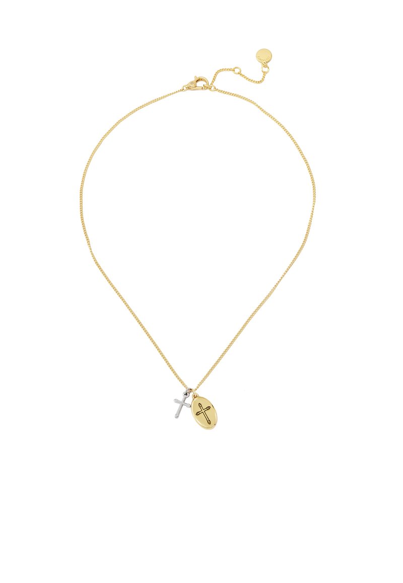 Collier en chaîne dorée avec un pendentif en croix argenté et un pendentif ovale doré au design de croix gravé, texture lisse et longueur ajustable.